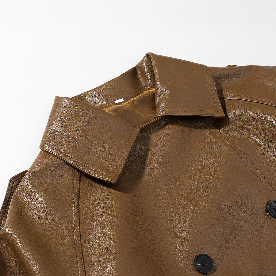 Versatile lace up waistband PU leather workwear jacket