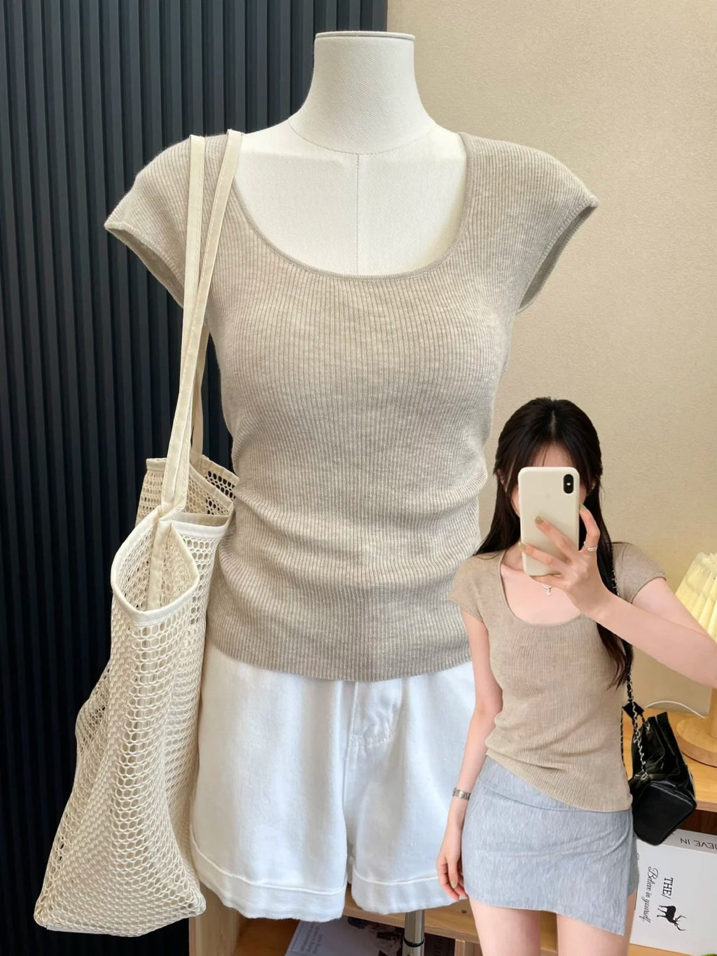 Soft Style U-Neck Elegant Ribbed Knit Short Sleeve Innerwear Top