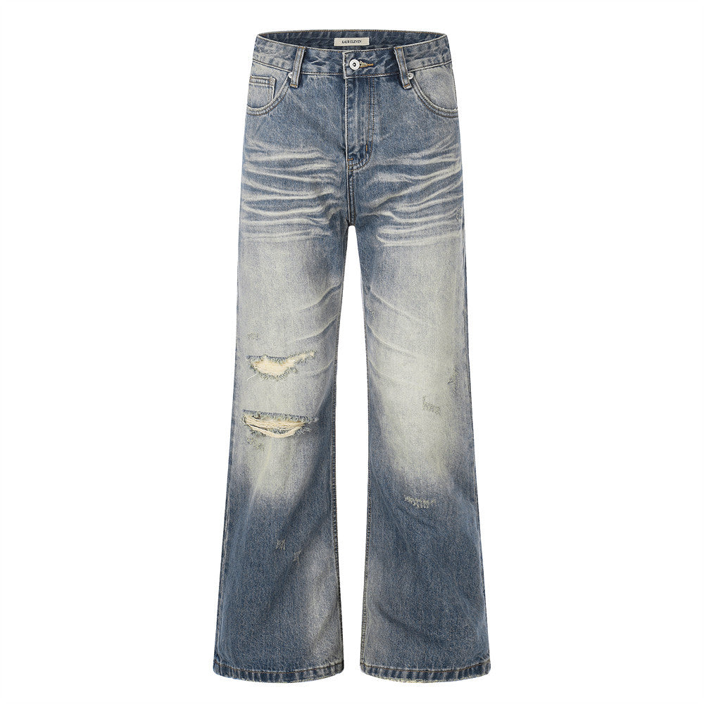 Whitewashed ripped denim micro pull pants