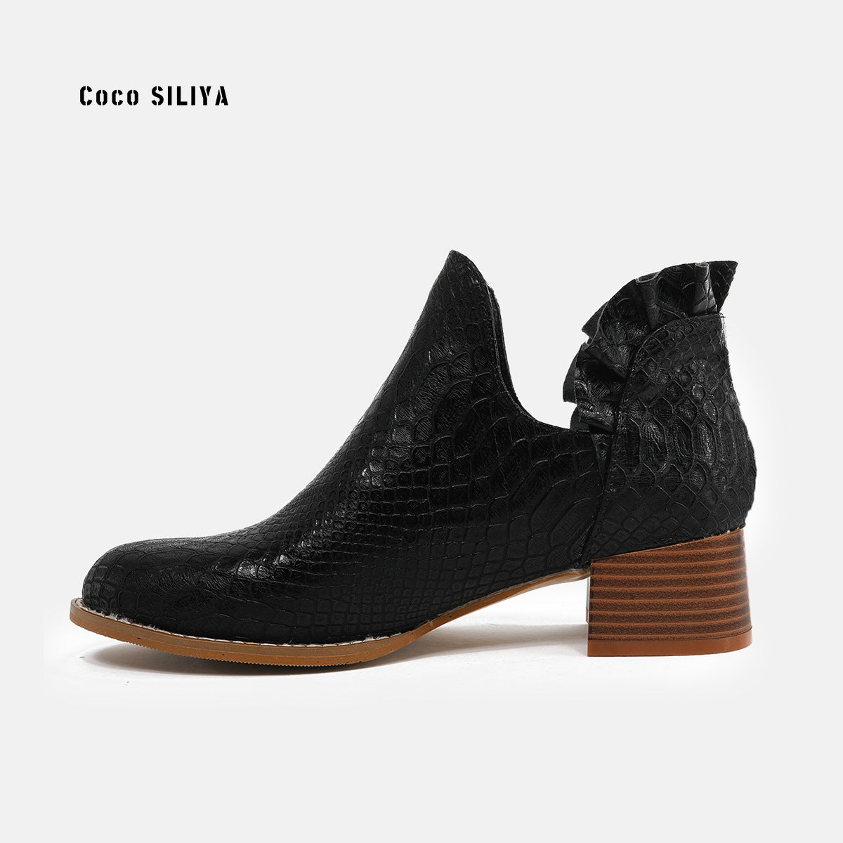 Snakeskin Boots Autumn and Winter New Large Women's Boots Round Toe Heavy Heel Martin Boots