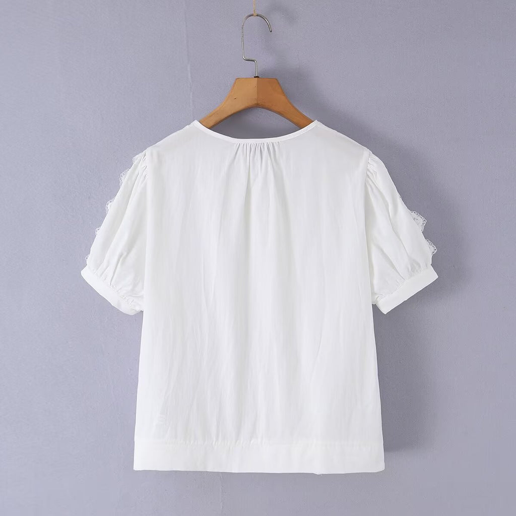 Cotton pleated lace patchwork short sleeved shirt