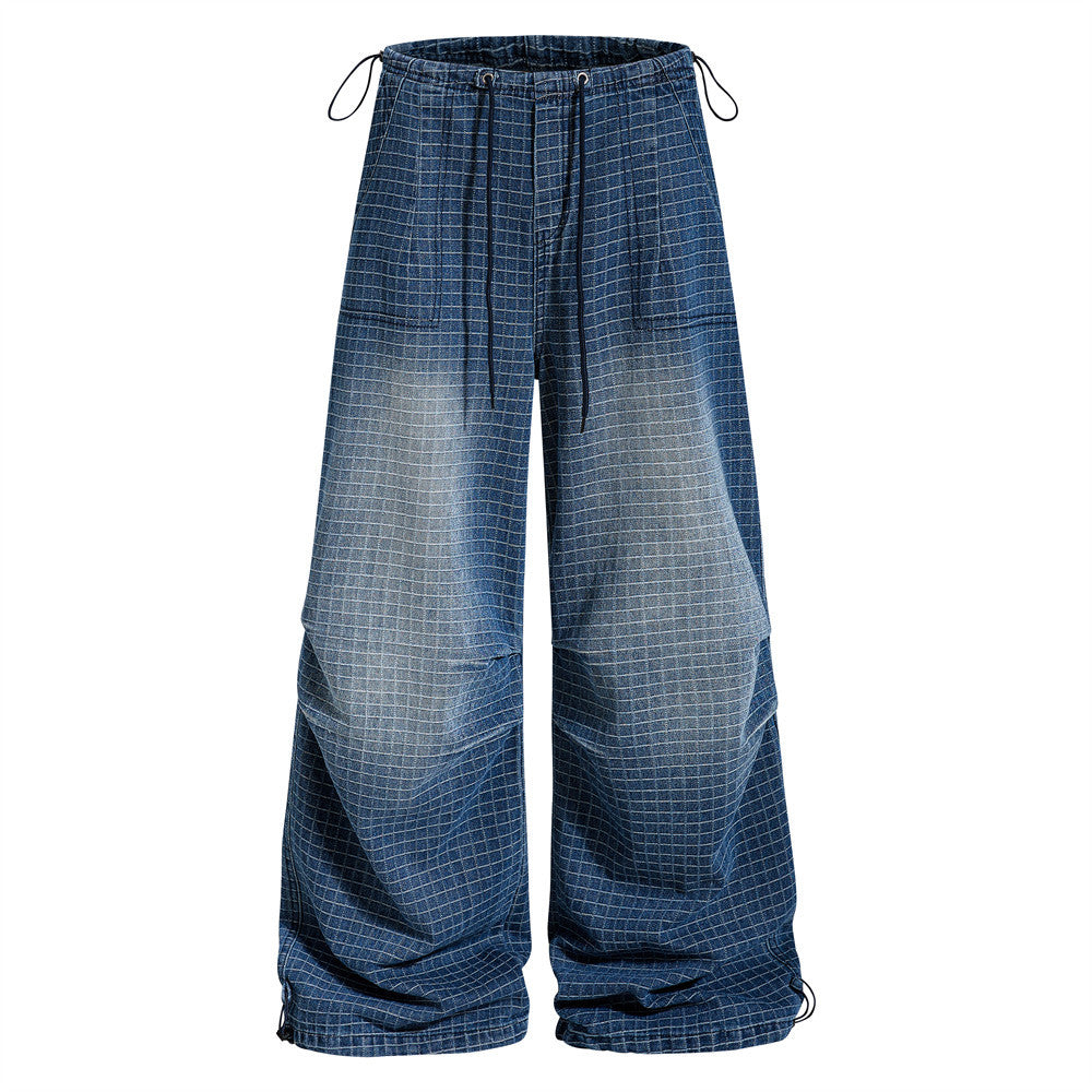 Grind white checkered pleated paratrooper wide leg jeans
