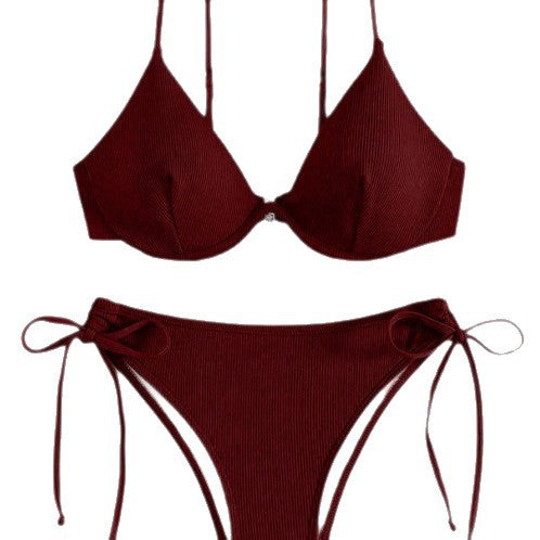 Solid color collar bikini set