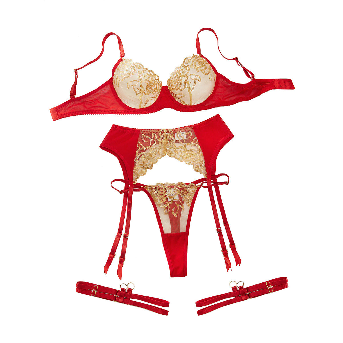 Collision Pornographic Fun Embroidery Splicing Mesh Sexy Underwear Four Piece Set for Women