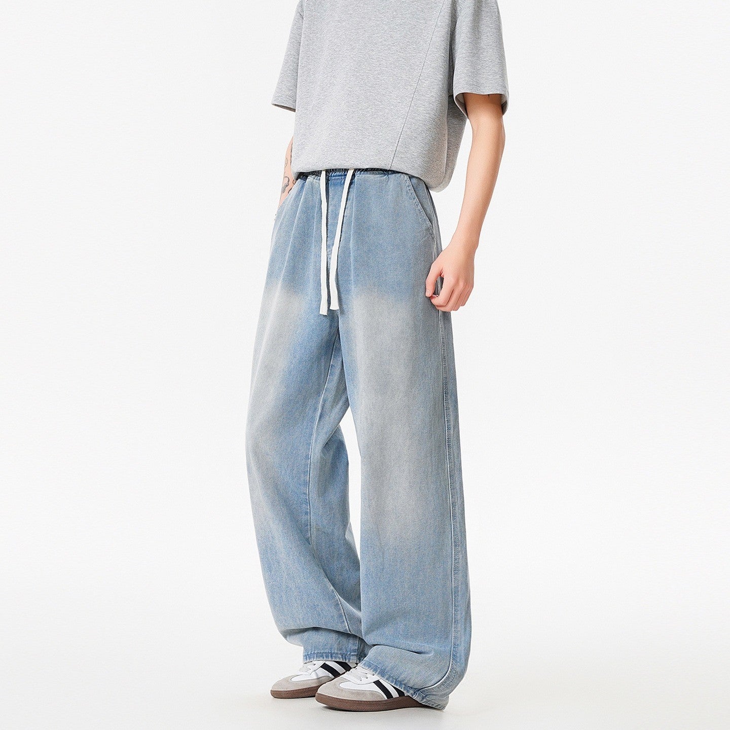 Vintage Washed Denim Pants Men  Lightweight Youth Slim Straight Loose Wide Leg Pants