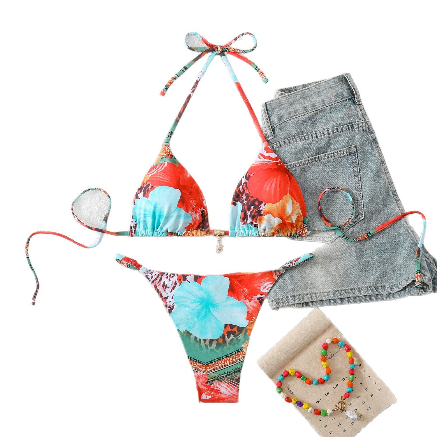 Triangle print suspender neck hanging bikini