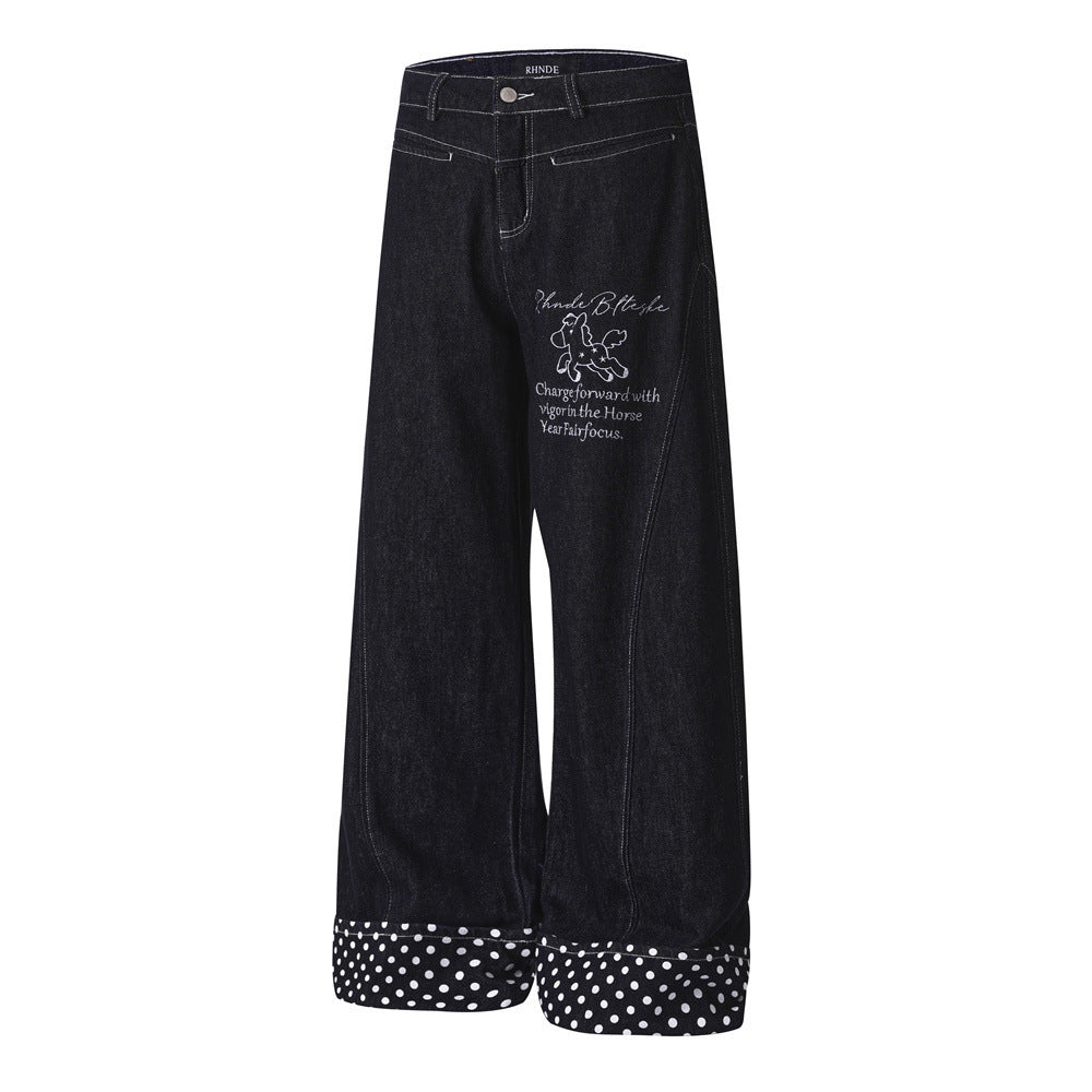 Cartoon embroidery polka dot denim pants