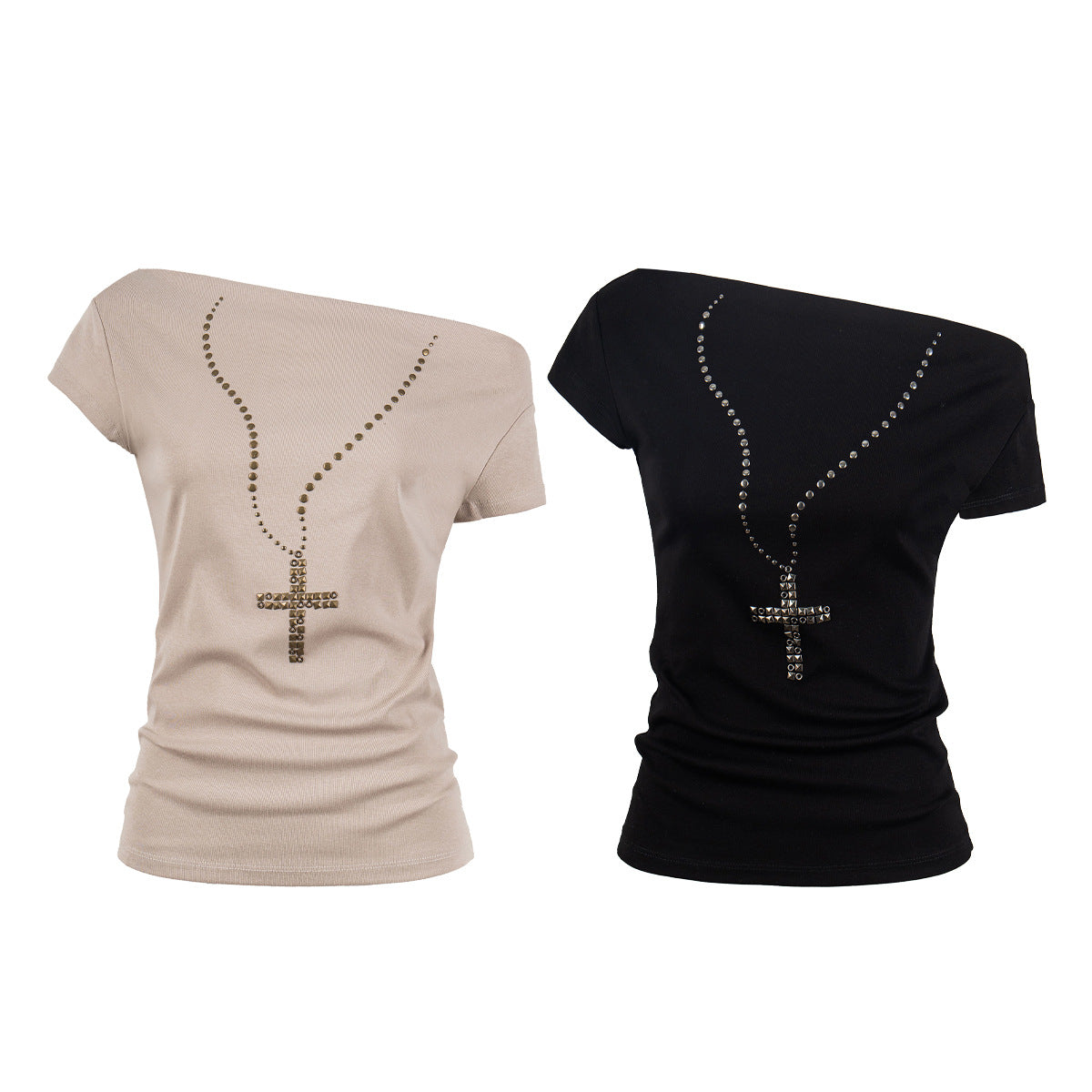 Shoulder Rhinestone Necklace Print T-Shirt Women Fitted Slim Fit Short Sleeve Top