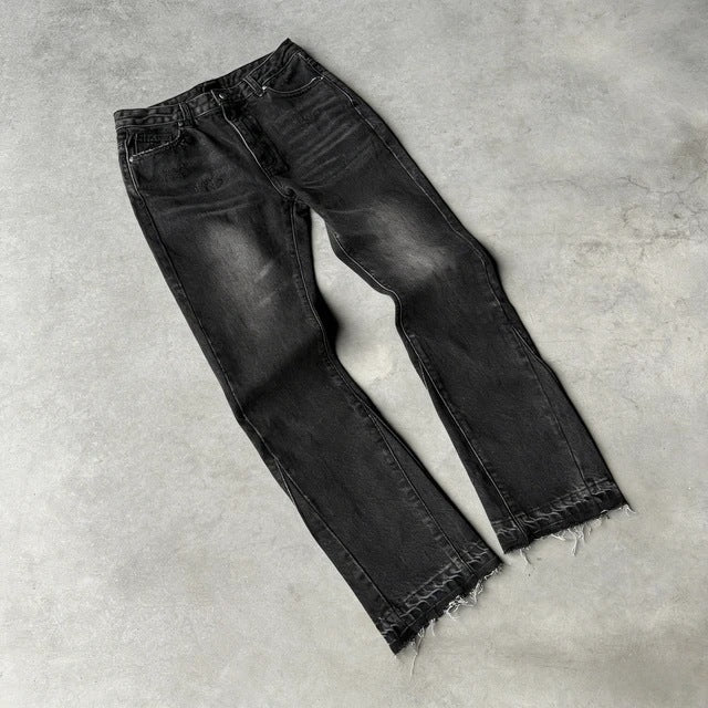 Washed Distressed Raw Hem Denim Pants Unisex Hip-hop Casual Street Style Loose Flared Trousers