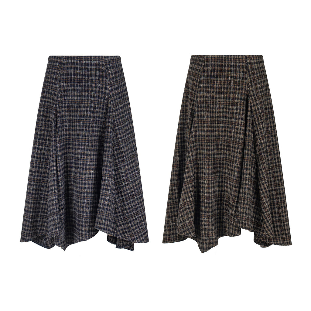 Wool Plaid Midi Skirt High Waist Drape Slimming A-Line Skirt College Style Women's Clothing