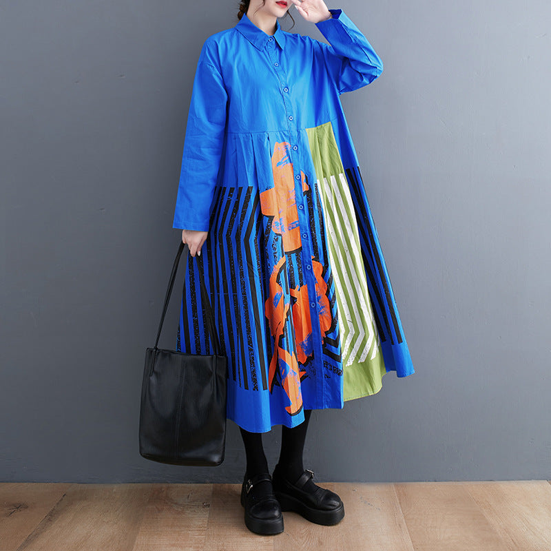 Casual Loose Plus Size Printed Patchwork Sweet Long Sleeve Dress