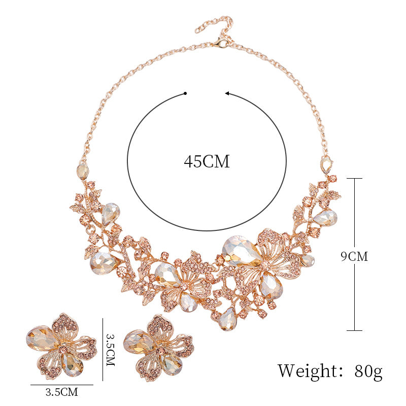 Exaggerated Necklace Earring Set Female Fashion Temperament Alloy Crystal Flower Bridal Dress Personality