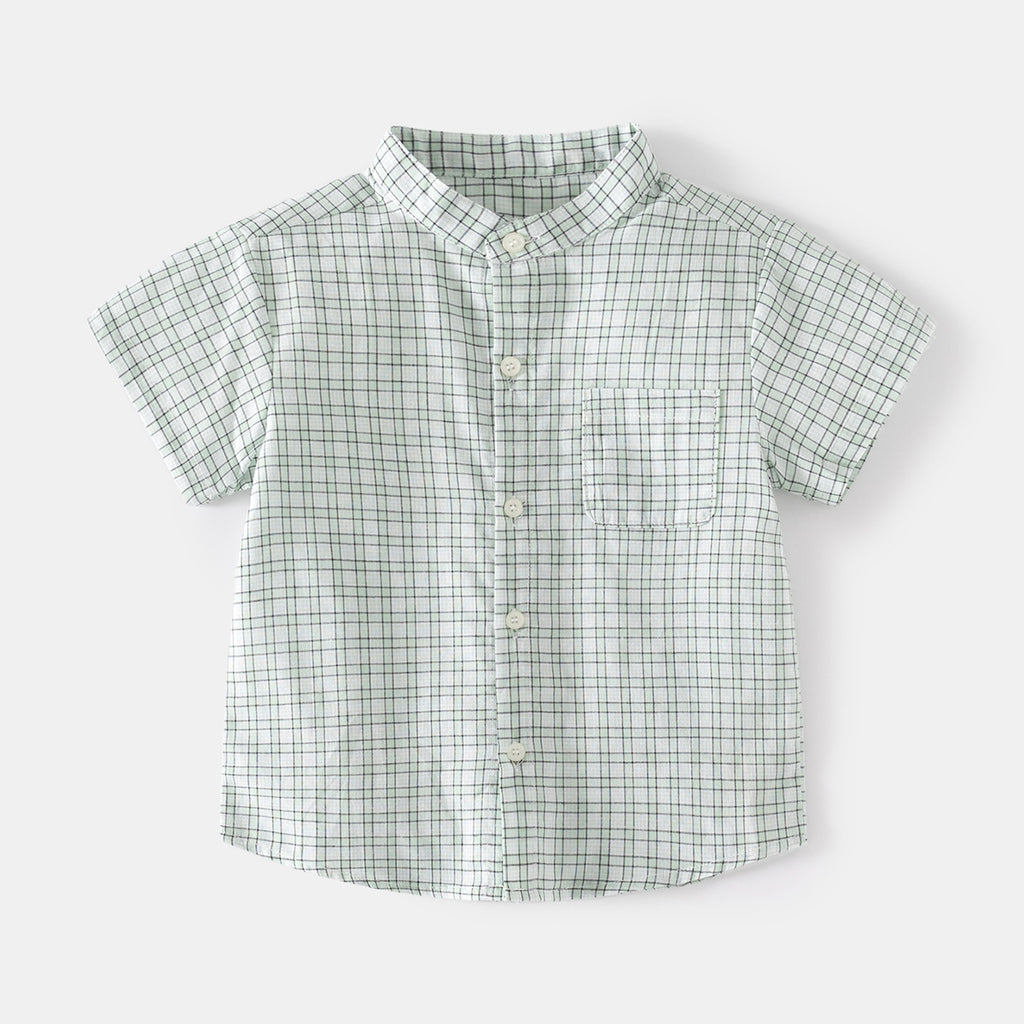 Soft Comfortable Moisture-Wicking Checkered Stand-Up Collar Short Sleeve Outdoor Casual Style Boys Shirt