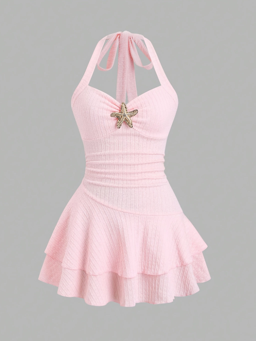 Halter neck slip dress with starfish decoration, pleated, waist-cinching short skirt
