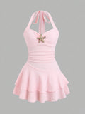 Halter neck slip dress with starfish decoration, pleated, waist-cinching short skirt
