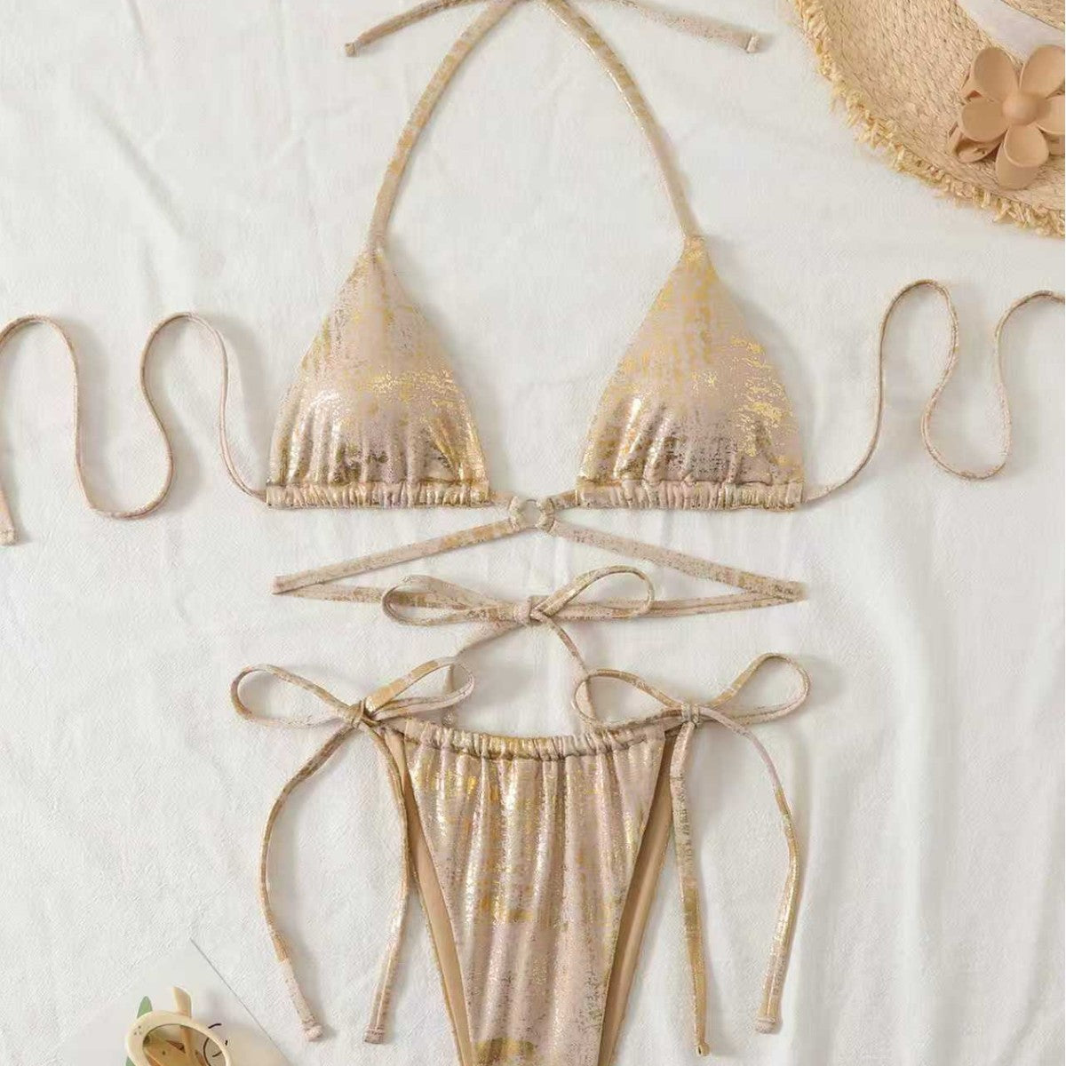 Hanging neck tie bikini set
