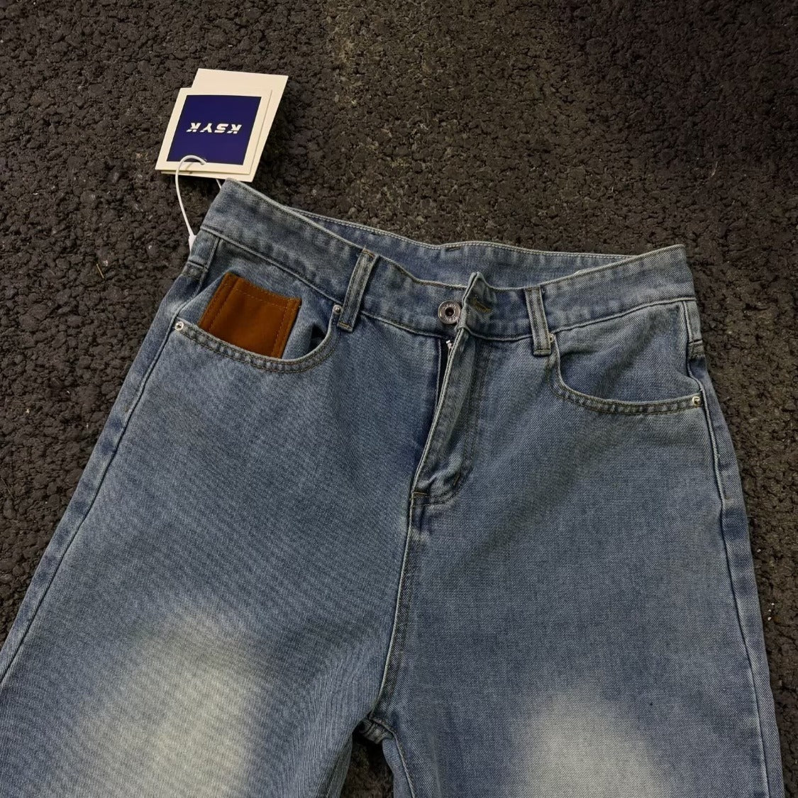 Denim Pants Men's Suede Patchwork Design Loose Straight Leg Casual Trousers