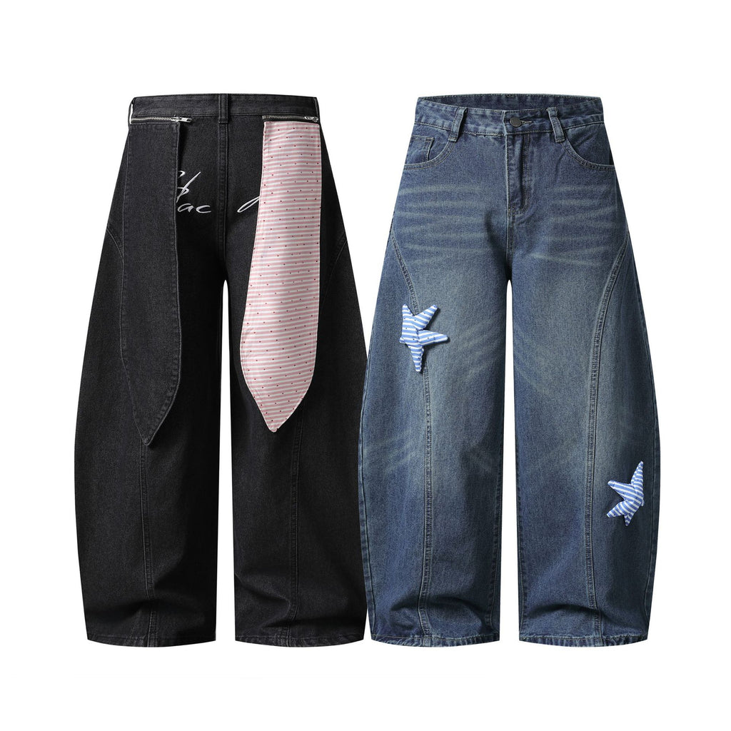 Patch Denim Pants Loose Wide Leg Patchwork Sweet Spicy Style Long Pants