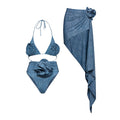 Flower Decorated Halter Tie-Up Two-Piece Swimsuit Women High-Waisted Bikini
