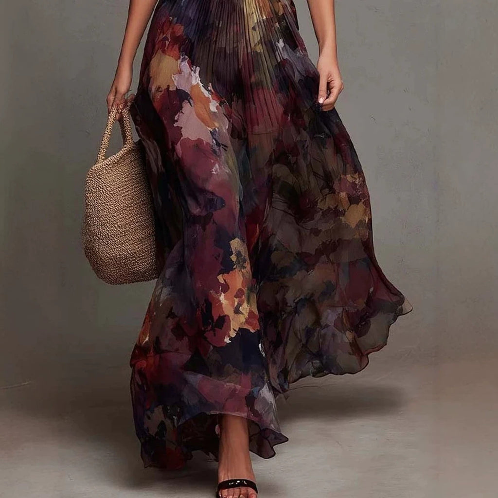 Elegant Deep V-Neck Painted Print Fitted Waist Flowy Chiffon Maxi Dress