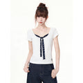 Faux Two-Piece U-Neck Lyocell Polka Dot Tie-Front Short Sleeve T-Shirt for Women