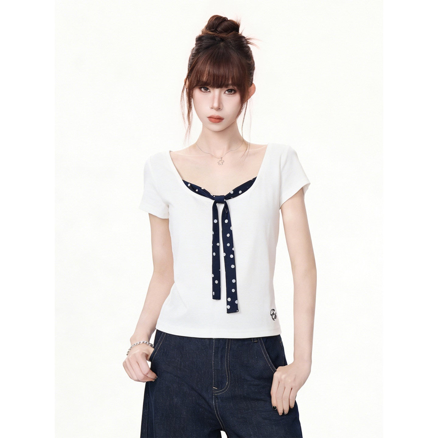 Faux Two-Piece U-Neck Lyocell Polka Dot Tie-Front Short Sleeve T-Shirt for Women
