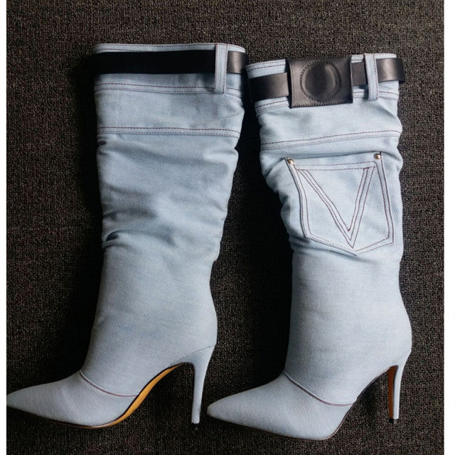 Western Cowboy Boots Women's BlueVintage High Heel Knight Boots Big Barrel Girth Pointed Slim Boots No More Than Knee