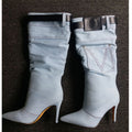 Western Cowboy Boots Women's BlueVintage High Heel Knight Boots Big Barrel Girth Pointed Slim Boots No More Than Knee