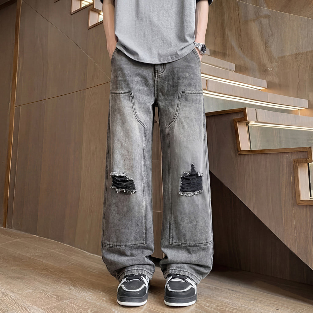 Ripped Denim Pants Men Washed Design Clean Fit Straight Leg Wide Leg Long Pants