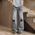 Ripped Denim Pants Men Washed Design Clean Fit Straight Leg Wide Leg Long Pants