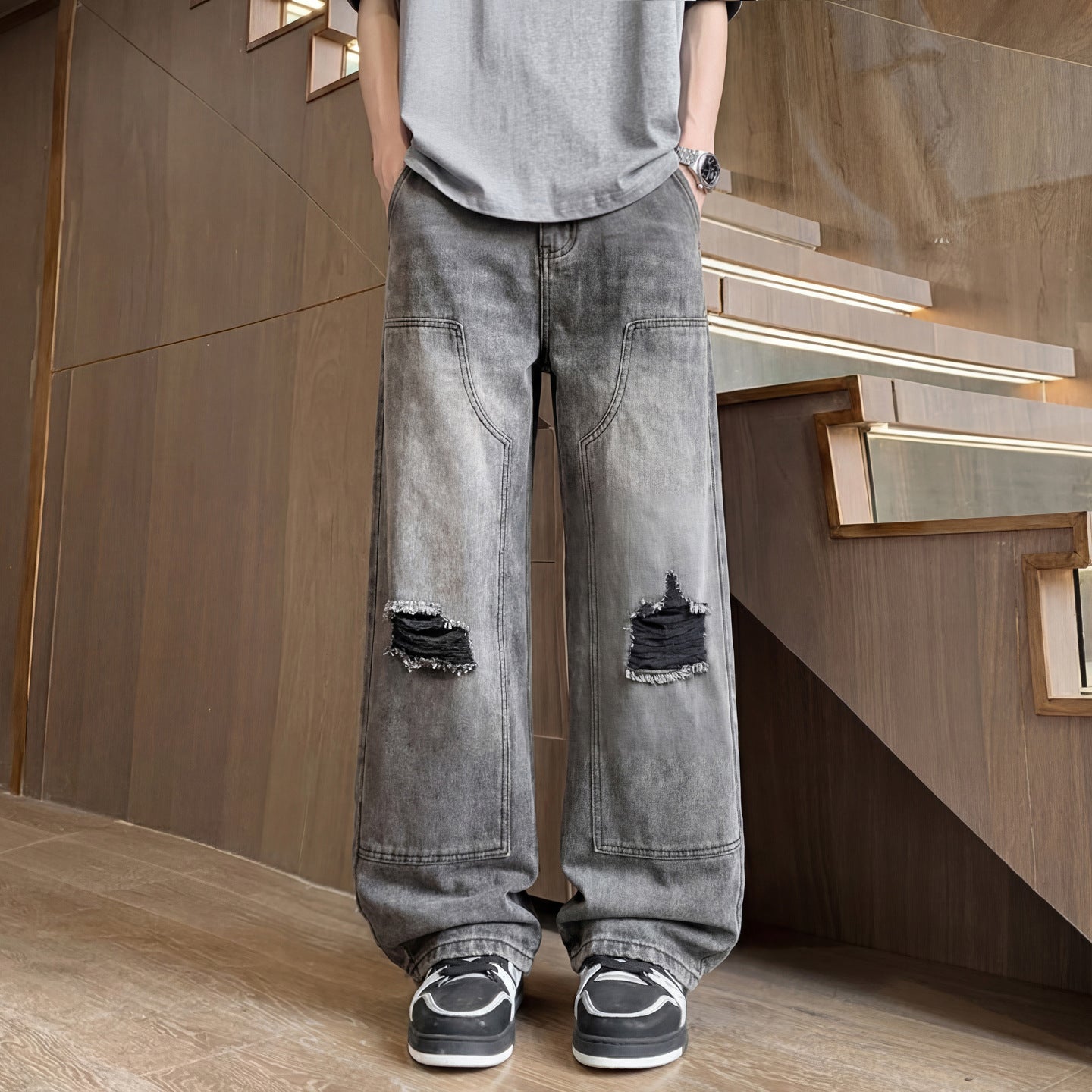Ripped Denim Pants Men Washed Design Clean Fit Straight Leg Wide Leg Long Pants