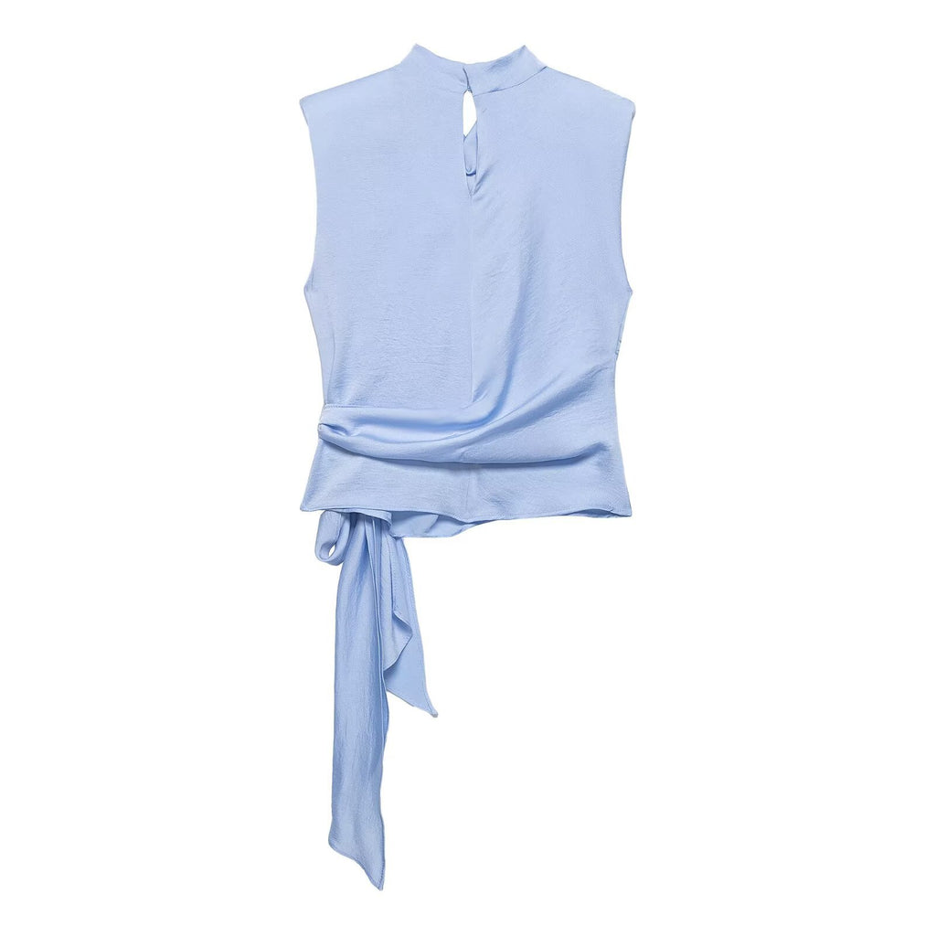Silk texture shoulder pad butterfly knot sleeveless top