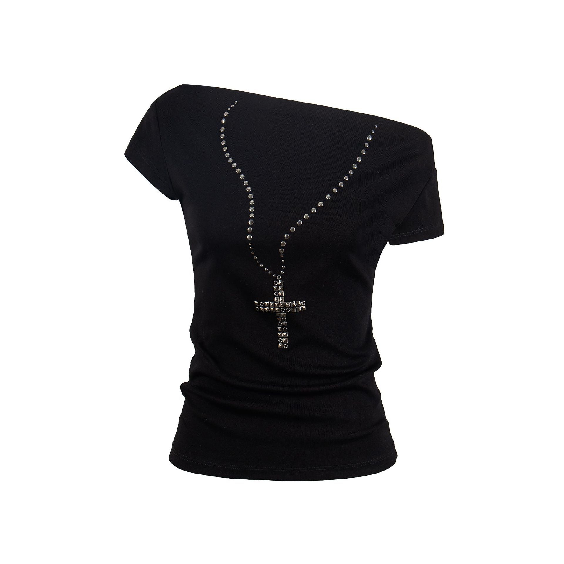 Shoulder Rhinestone Necklace Print T-Shirt Women Fitted Slim Fit Short Sleeve Top