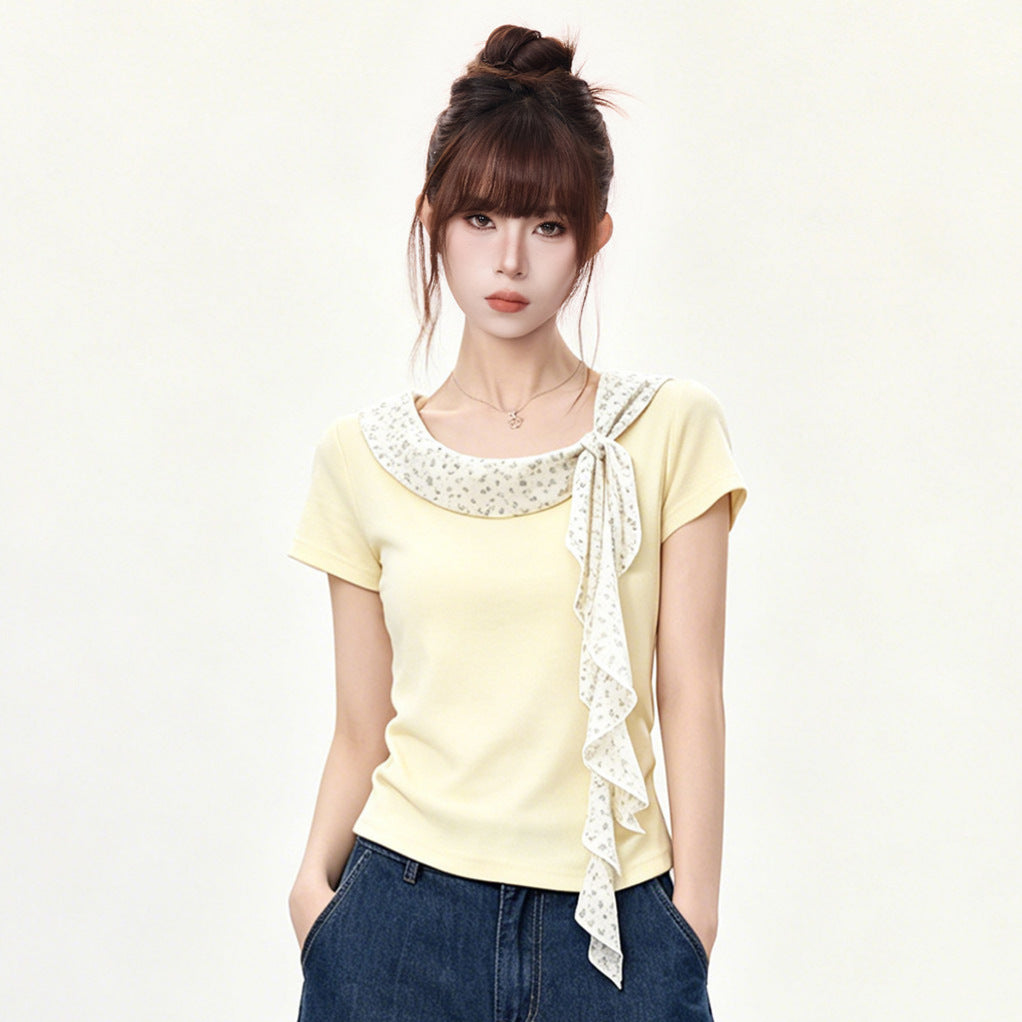 Round Collar Short Sleeve T-Shirt for Women, Fitted Pleated Waist-Cinching Regular Shoulder Top
