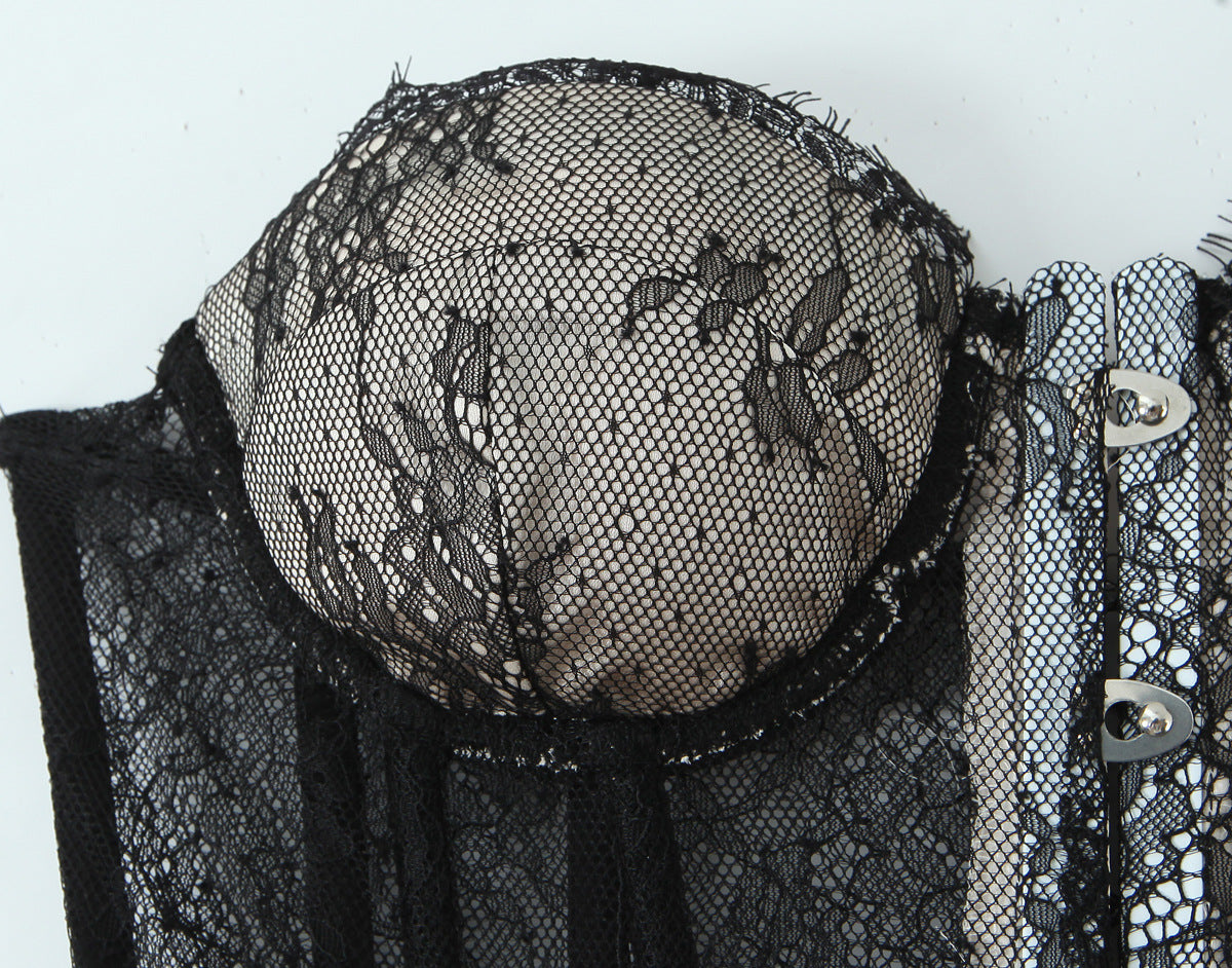 Lace Splicing Fitted Waistband Top with Strap Tube Top