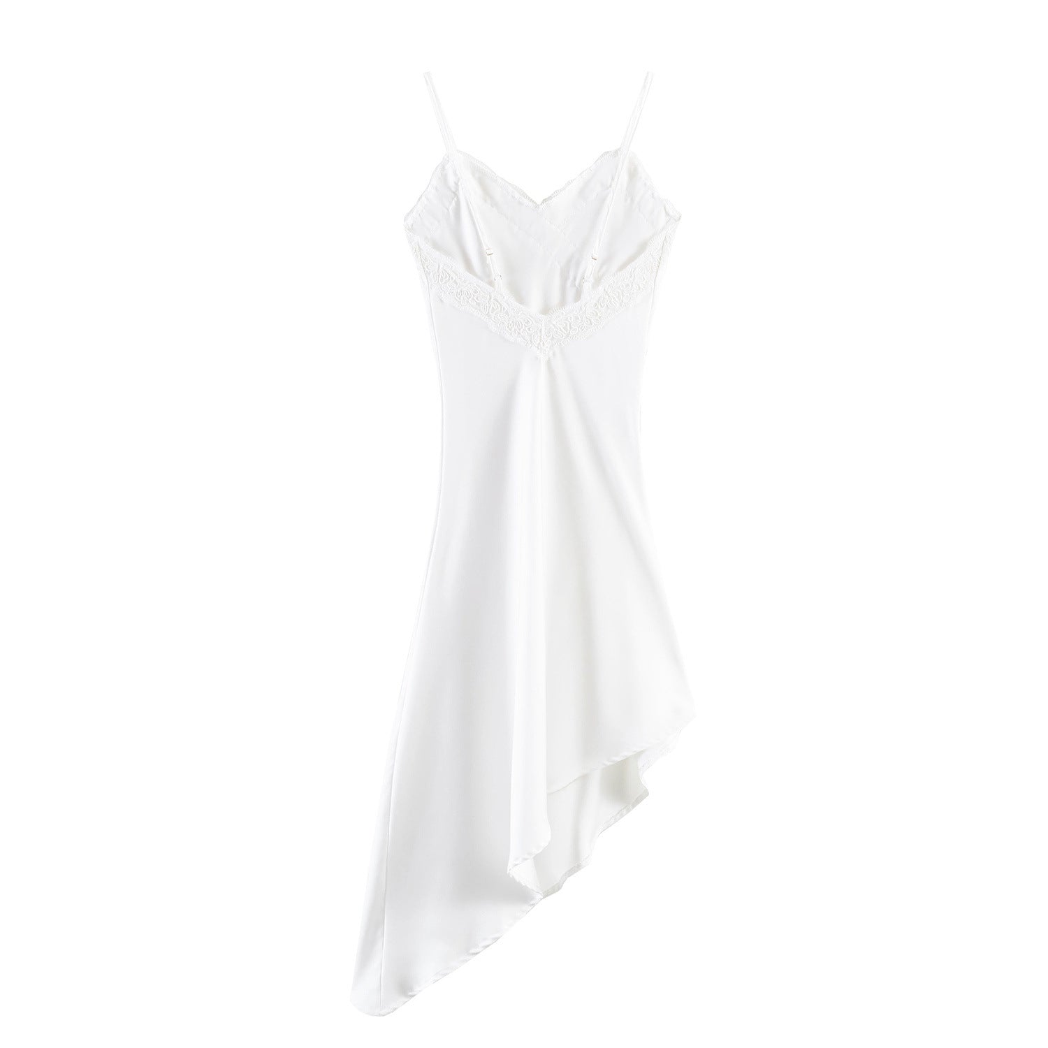 Asymmetric dress with silk and lace patchwork