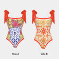 Double-Sided Printed Tie-Bow One-Piece Swimwear Set for Women