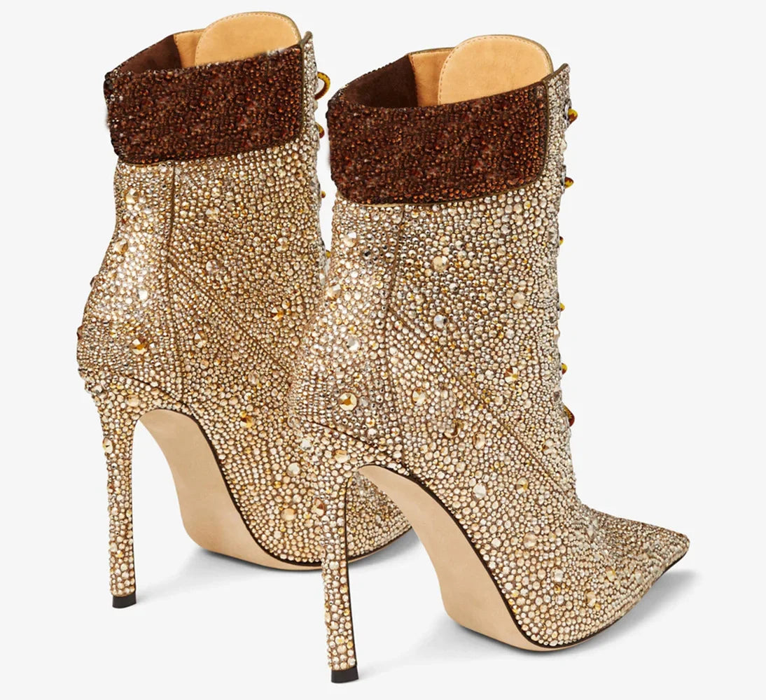 Water Diamond Mixed Color Cross Strap Short Boots Sexy Spicy Girl Crazy Racing Party Ankle Boots  Fashion Women's Shoes35-41