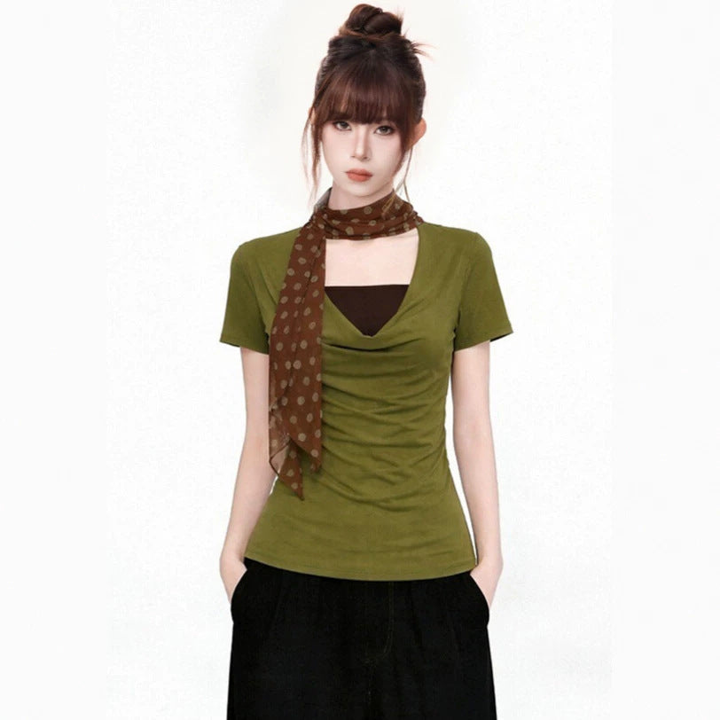 False Two-Piece Drape Neck Short Sleeve T-Shirt , Stylish Fitted Waist-Cinching Collar-Baring Top