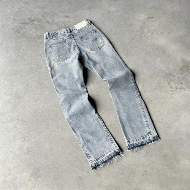 Washed Distressed Raw Hem Denim Pants Unisex Hip-hop Casual Street Style Loose Flared Trousers