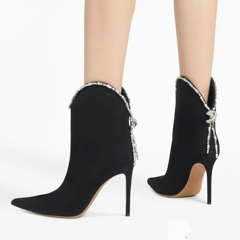 Rhinestone Red Fashion Ankle Boots Women's Stiletto Pointed Toe Suede Sexy Elegant Party Office Lady Slip-on Shoes New Arrival