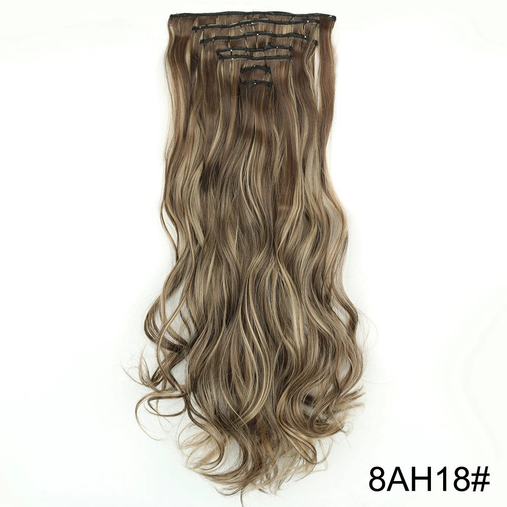 AZQUEEN Long Straight 16 Clip In Synthetic Hair Extensions 7Pcs/Set Natural Blonde Heat Resistant Hairpieces For Women