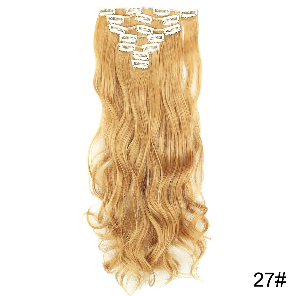 AZQUEEN Long Straight 16 Clip In Synthetic Hair Extensions 7Pcs/Set Natural Blonde Heat Resistant Hairpieces For Women