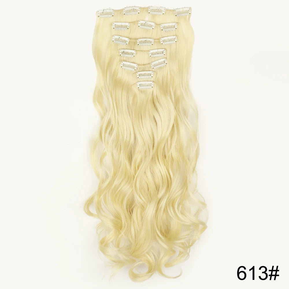 AZQUEEN Long Straight 16 Clip In Synthetic Hair Extensions 7Pcs/Set Natural Blonde Heat Resistant Hairpieces For Women