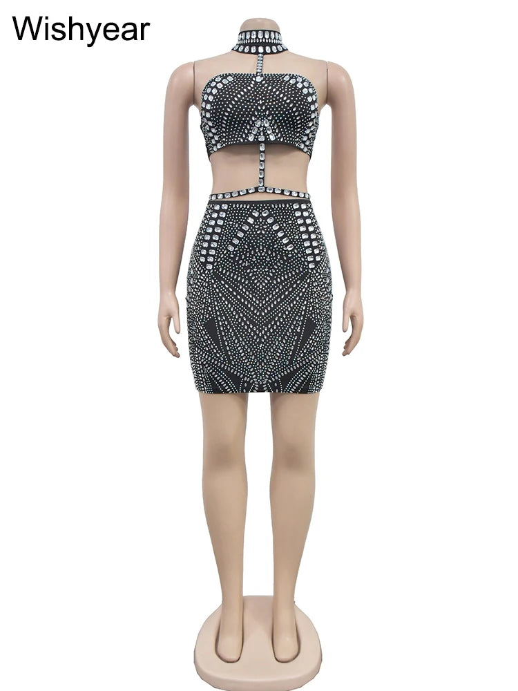 Wishyear Luxury Hot Rhinestone Birthday Party Two 2 Piece Sets Women Sexy Halter Backless Crop Top and Mini Skirts Suit Clubwear