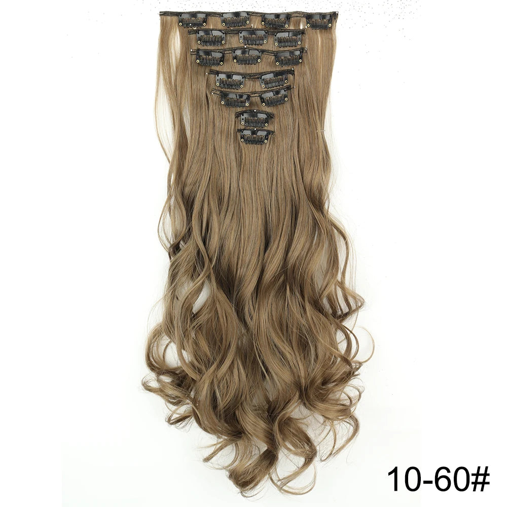 AZQUEEN Long Straight 16 Clip In Synthetic Hair Extensions 7Pcs/Set Natural Blonde Heat Resistant Hairpieces For Women