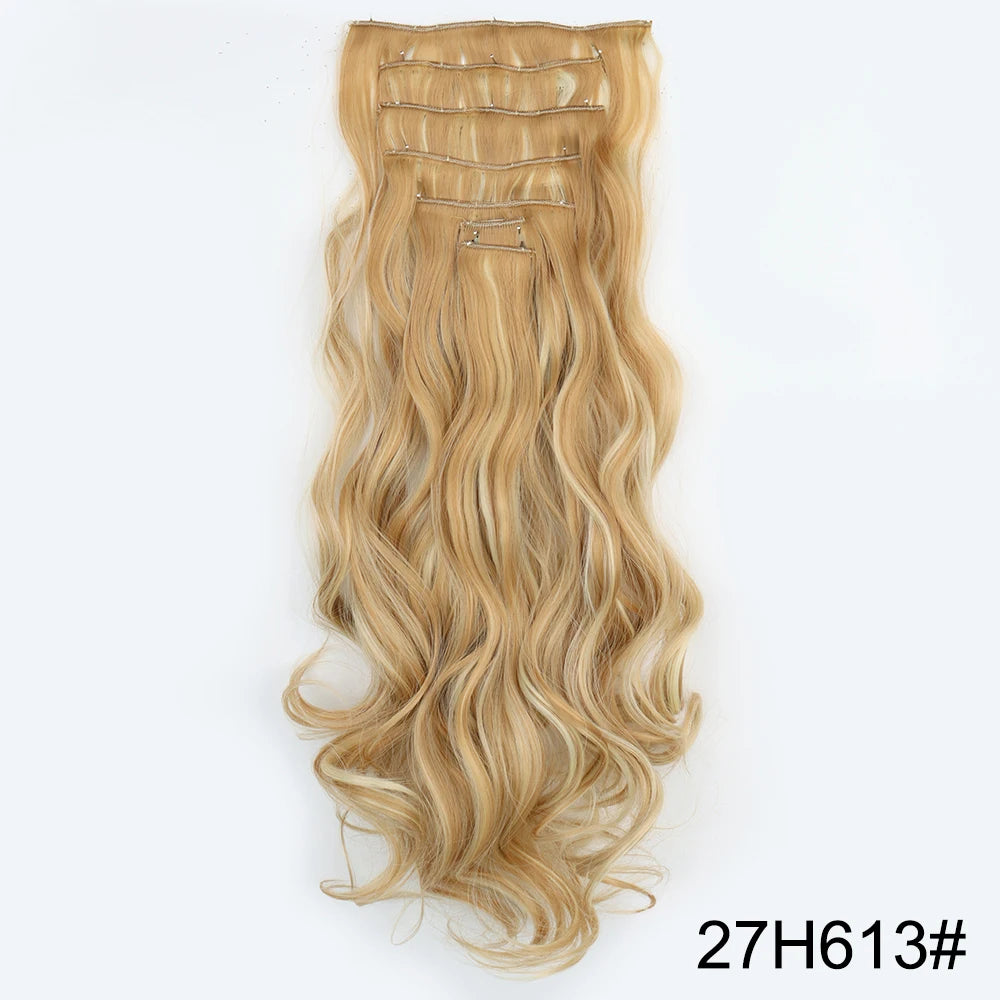 AZQUEEN Long Straight 16 Clip In Synthetic Hair Extensions 7Pcs/Set Natural Blonde Heat Resistant Hairpieces For Women