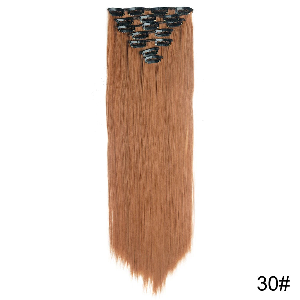 AZQUEEN Long Straight 16 Clip In Synthetic Hair Extensions 7Pcs/Set Natural Blonde Heat Resistant Hairpieces For Women