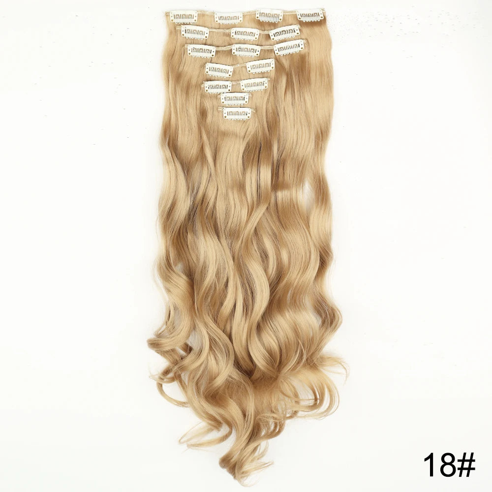 AZQUEEN Long Straight 16 Clip In Synthetic Hair Extensions 7Pcs/Set Natural Blonde Heat Resistant Hairpieces For Women
