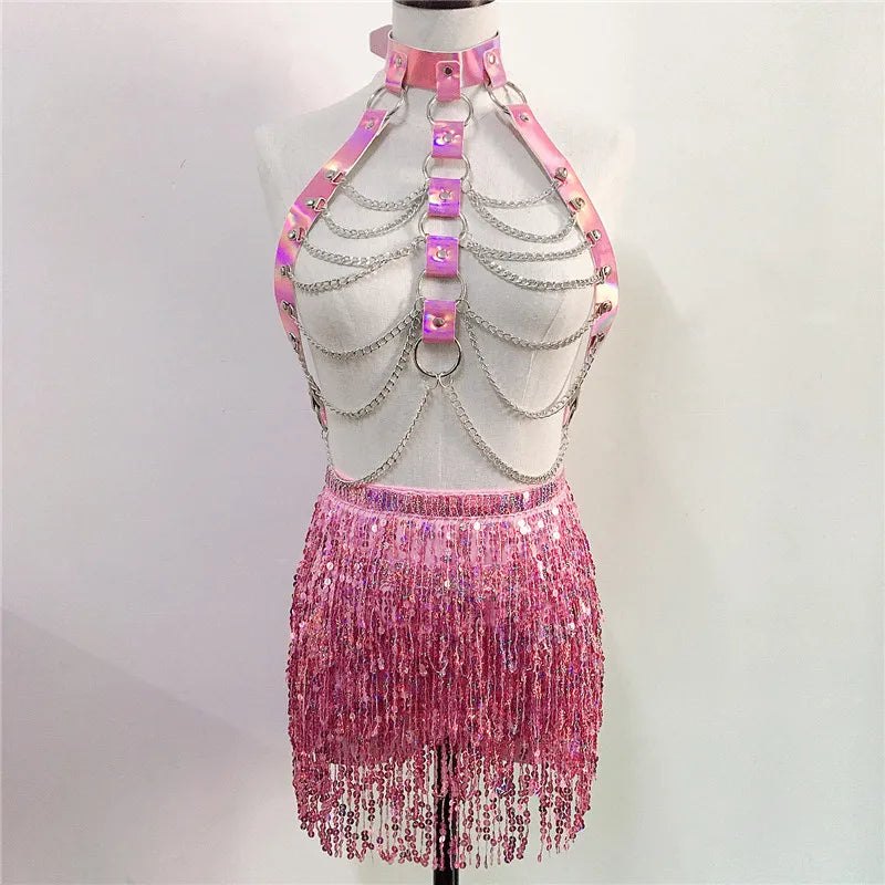 Women PU Leather Harness 2 Piece Set Sexy Hollow Out Metal Chest Chain With Tassel Sequins Mini Skirt Gothic Party Club Outfits
